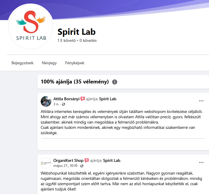 SpiritLab Facebook visszjelzések