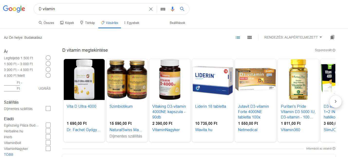 D vitaminra kiadott találatok a Google Shopping-ban