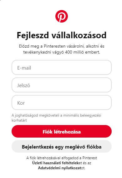 Pinterest fiók regisztráció