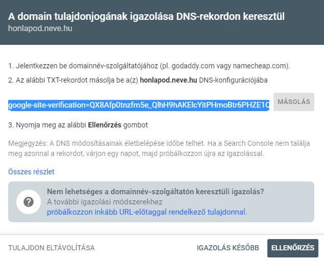 Search Console igazolás